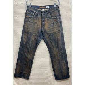 GUESS Men's Size 34x32Distressed Dark Wash Jeans Straight Fit Vintage Fade Denim